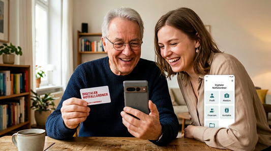 Ein Senior der mit seiner Tochter eine KliXFiX App einrichtet