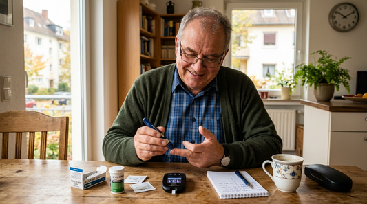 Ein älterer Mann der seinen Blutzucker misst