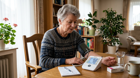 Frau misst Blutdruck